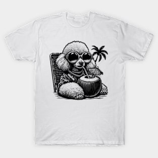 poodle dog wearing sunglasses drinking a coconut drink on a tropical beach T-Shirt